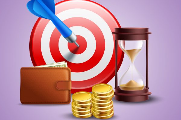 Business realistic concept with wallet hourglass coins and target vector illustration